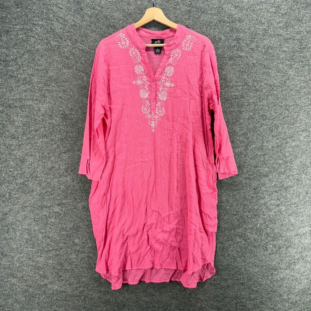 Patio Dress Women L Large Pink Floral Embroidered Shift Short V-Neck Cotton